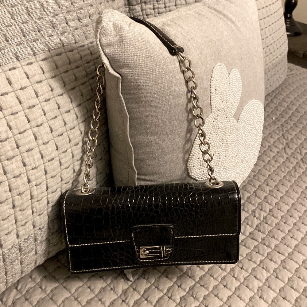 LIZ CLAIBORNE black leather and tiffany blue mini bag